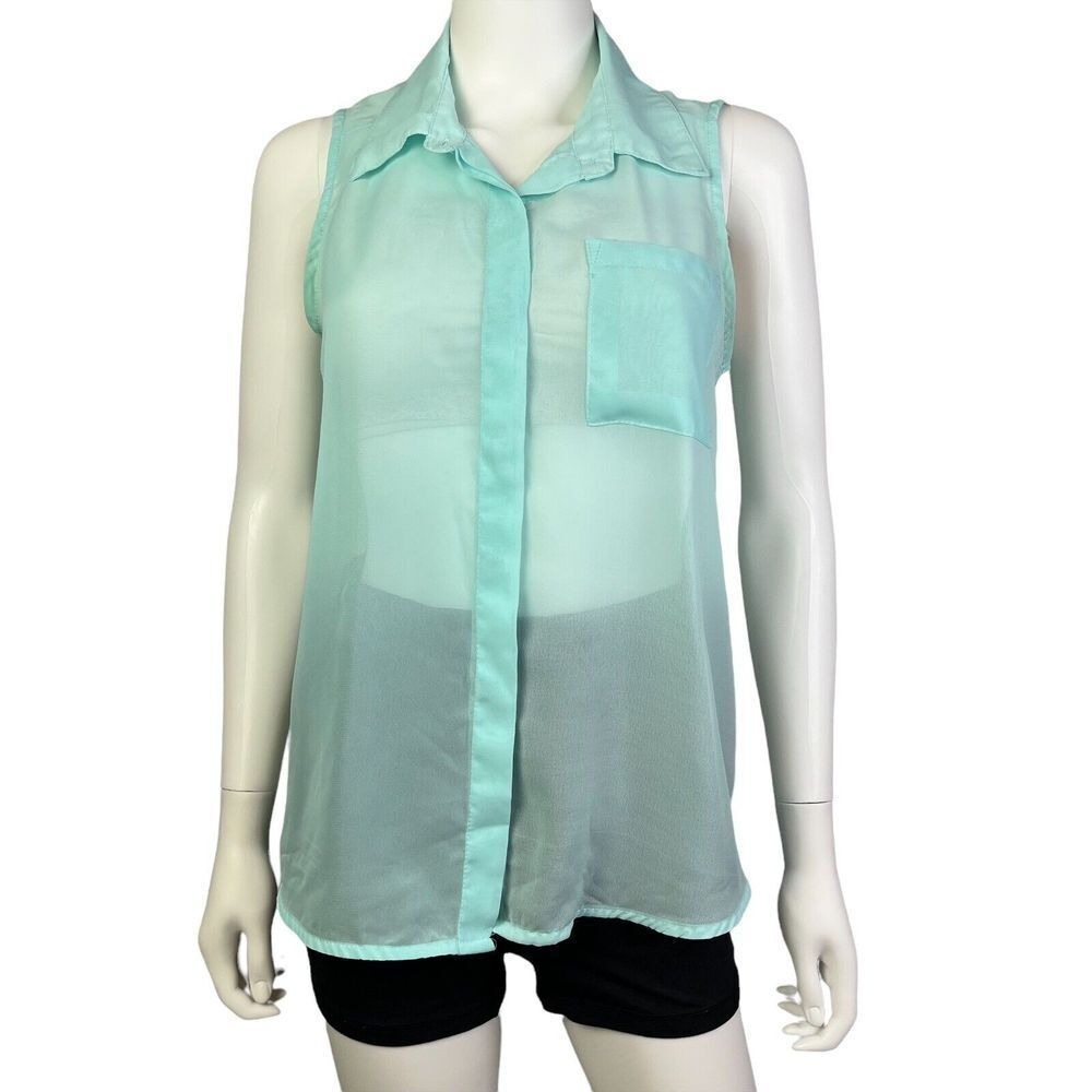 Aviva Light Blouse Womens Size M Green‎ Sheer Sleeveless Button Up Asymmetrical